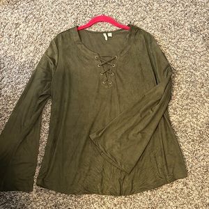 Super soft suade blouse with cross cross collar and bell sleeves